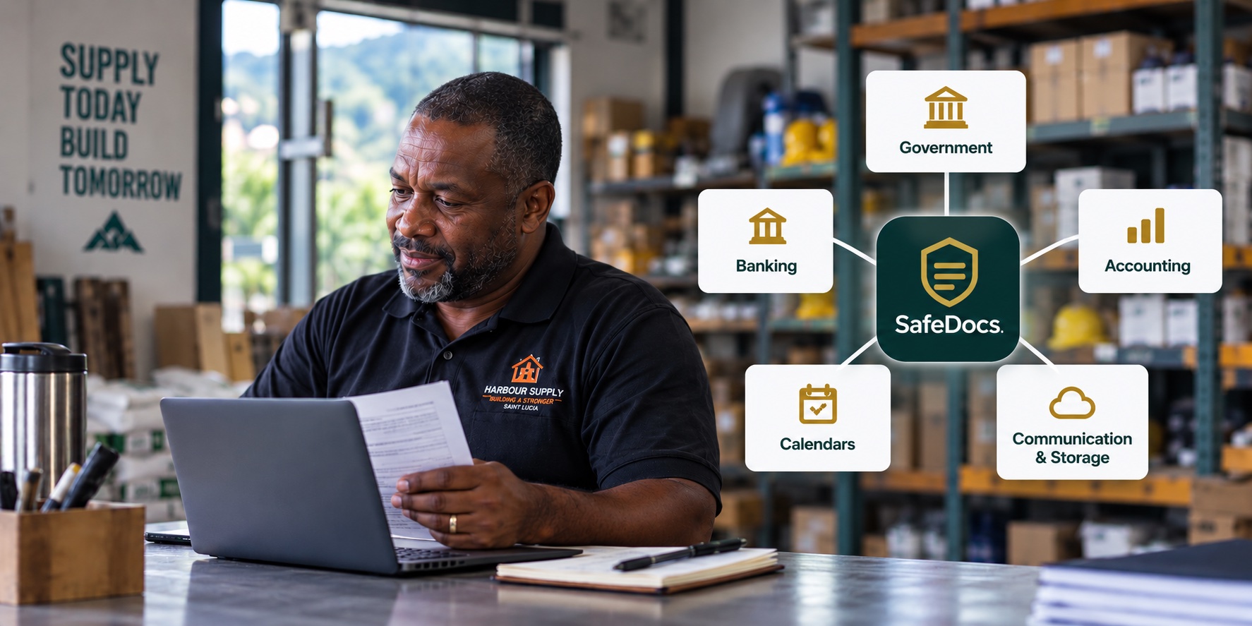 A Saint Lucia business owner reviewing paperwork on his laptop, with SafeDocs connecting to government, banking, accounting and everyday tools